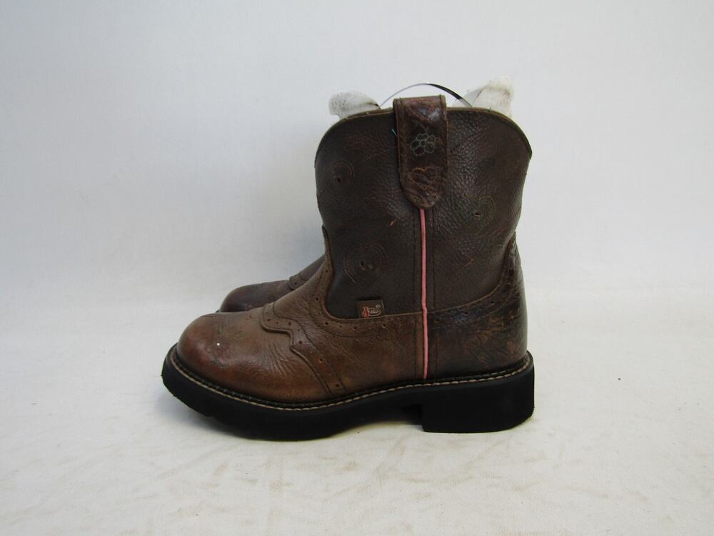 Justin Gypsy Youth Sz 2.5 D Brown Leather Lights up Stockman Cowboy Boots